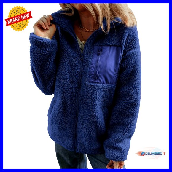 Trendy Full Zipper Fleece Teddy Jacket Relaxed Fit Long Sleeve with Pockets